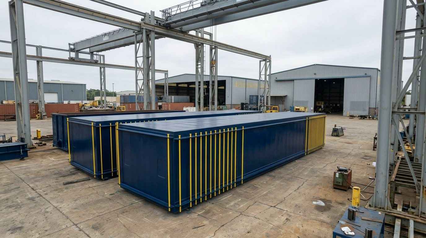 Yellow Sentinel flat-deck sectional steel barge with red pin-flange connection pins in the yard