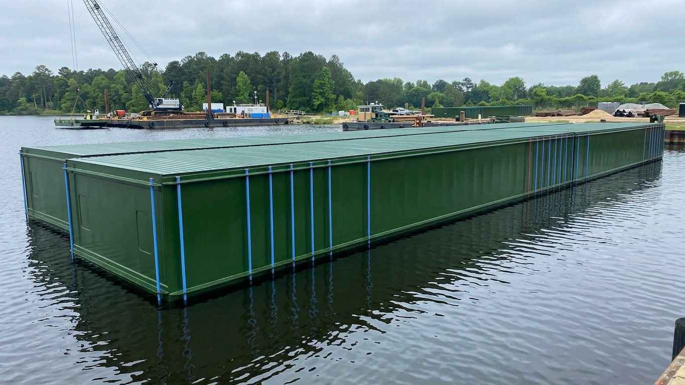 Sentinel flat-deck sectional steel barge with double-head connector pin rods on a marine construction job
