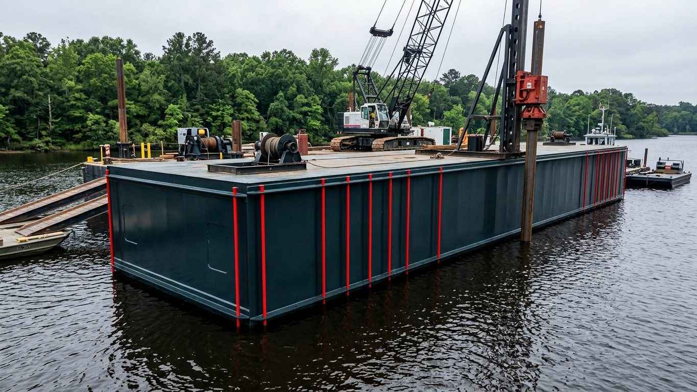 Sentinel flat-deck sectional steel barge with double-head connector pin rods supporting pile-driving operations