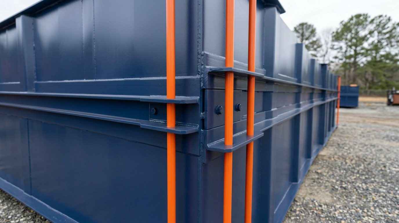 Close-up of Sentinel cast double-head connector pins joining two flat-deck sectional steel barge hulls